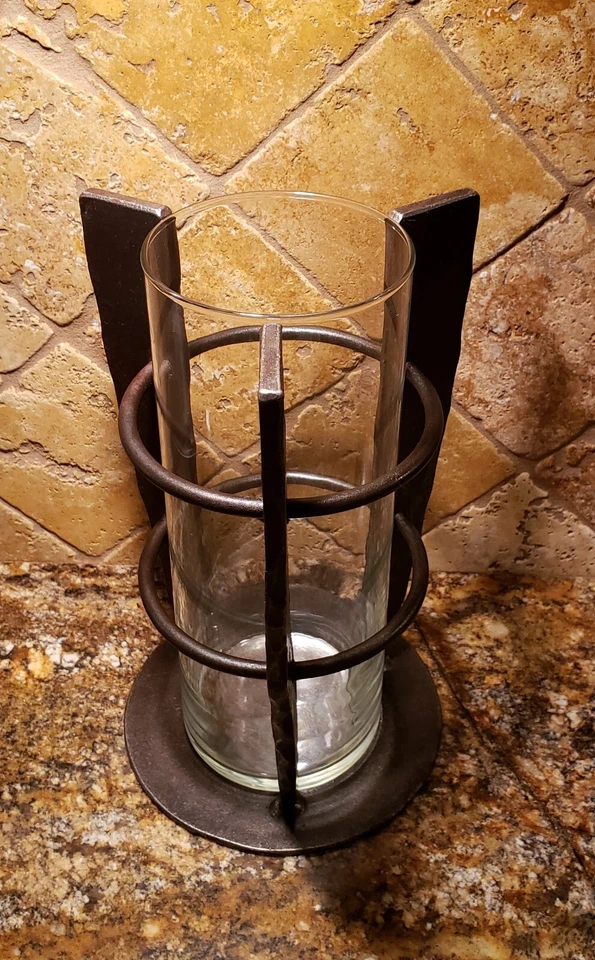 MCM Welded Metal with Glass insert Candle Holder or Vase Art Deco 9.25" H Rustic - Image 4 of 4