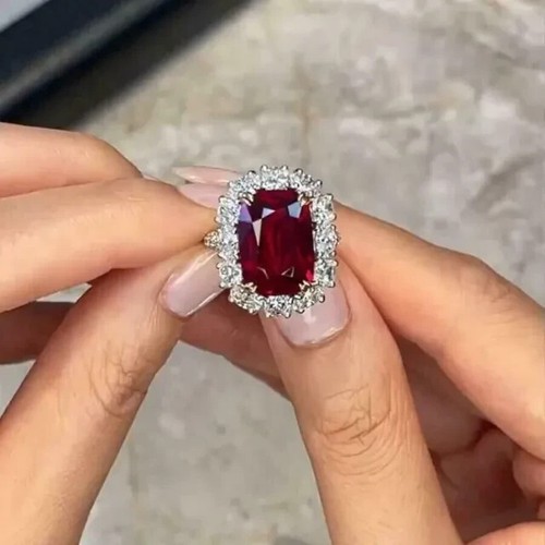 4.50CT Cushion Cut Simulated Red Ruby Women's Wedding Ring 14K White Gold Plated - Picture 4 of 4