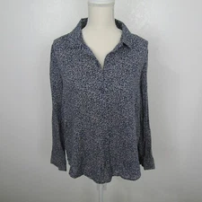 LC Lauren Conrad Shirt Top Blouse Button Up Collared Neck Womens L Blue Tan