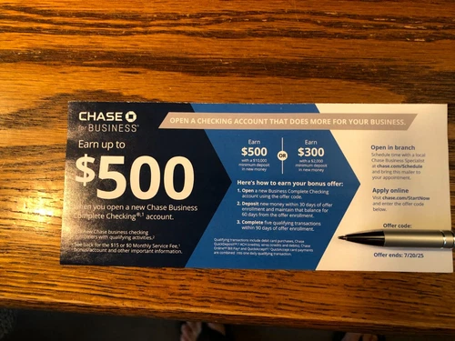 Earn Up To $500* BONUS Coupon w/ NEW Chase Business Checking Account EXP. 7/20
