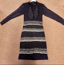 Vintage 70s Wenjilli Lurex Knit Midi Dress with Stripes XS Stretchy RARE