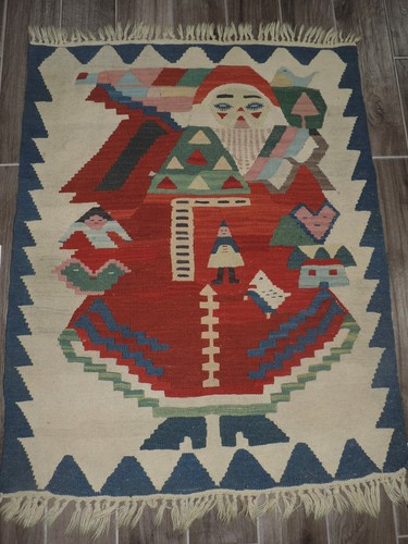 3x4ft. Vintage Turkish Kilim Santa Design Wool Rug  - Afbeelding 1 van 10