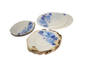Pasabahce Workshop 7 Piece Glass Plate Set White Blue Circles Made In Turkey
