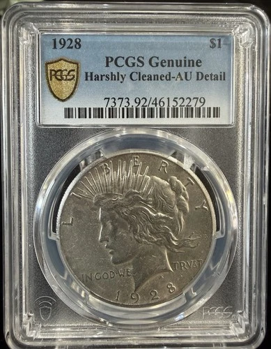 1928 Silver Peace Dollar PCGS AU Detail Harshly Cleaned KEY DATE