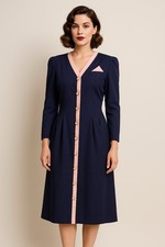 Vintage R&A Collections Navy Blue Dress Pink Trim Gold Buttons Made in USA