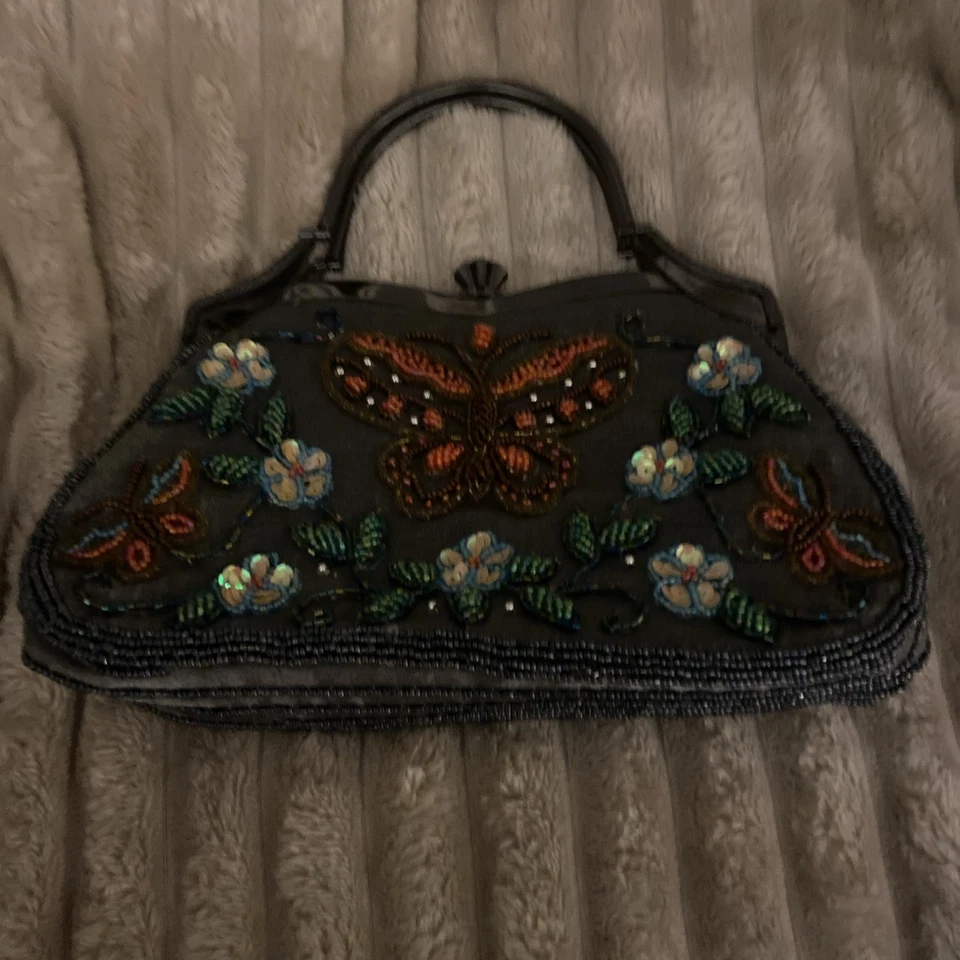 Bolso de noche de colección con cuentas para mujer negro bronce floral mariposa asa superior Foto 2 de 4