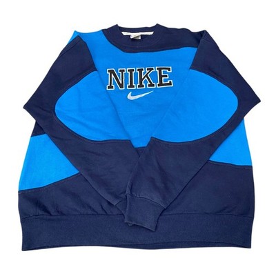 Nike Reworked Sweatshirt Herren L Navy Blau Bestickt Spellout Logo Vintage Y2K