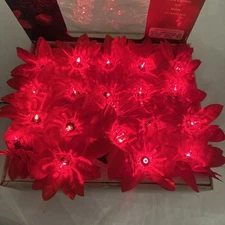 VTG 20-Light Christmas Silk Poinsettia Set- 12 Ft String in Box - WORKS!