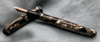 LOVELY VINTAGE WYVERN PERFECT PEN No81 LEVER FILL GREY MRBLD 14K NIB 1938 ENG