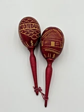 WOODEN MARACAS HAND CARVED PAINTED HONDURAS FOLK ART PERCUSSION PAIR SET OF 2