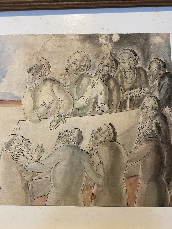 Sarah Berman Gouache “Jewish Folklore” WPA Era Elders at Table 9×12 Original - Image 4 of 4