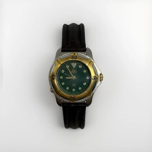 Vintage Timex Indiglo Green Dial Quartz Date Watch Leather Strap WR New Battery