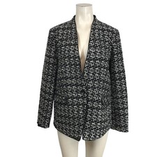 Ann Taylor Black White Tweed Collarless Blazer Jacket Women's Size 12
