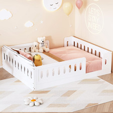 Toddler Full Montessori Wooden Floor Bed Frame Kids Bed With Guardrails Natural