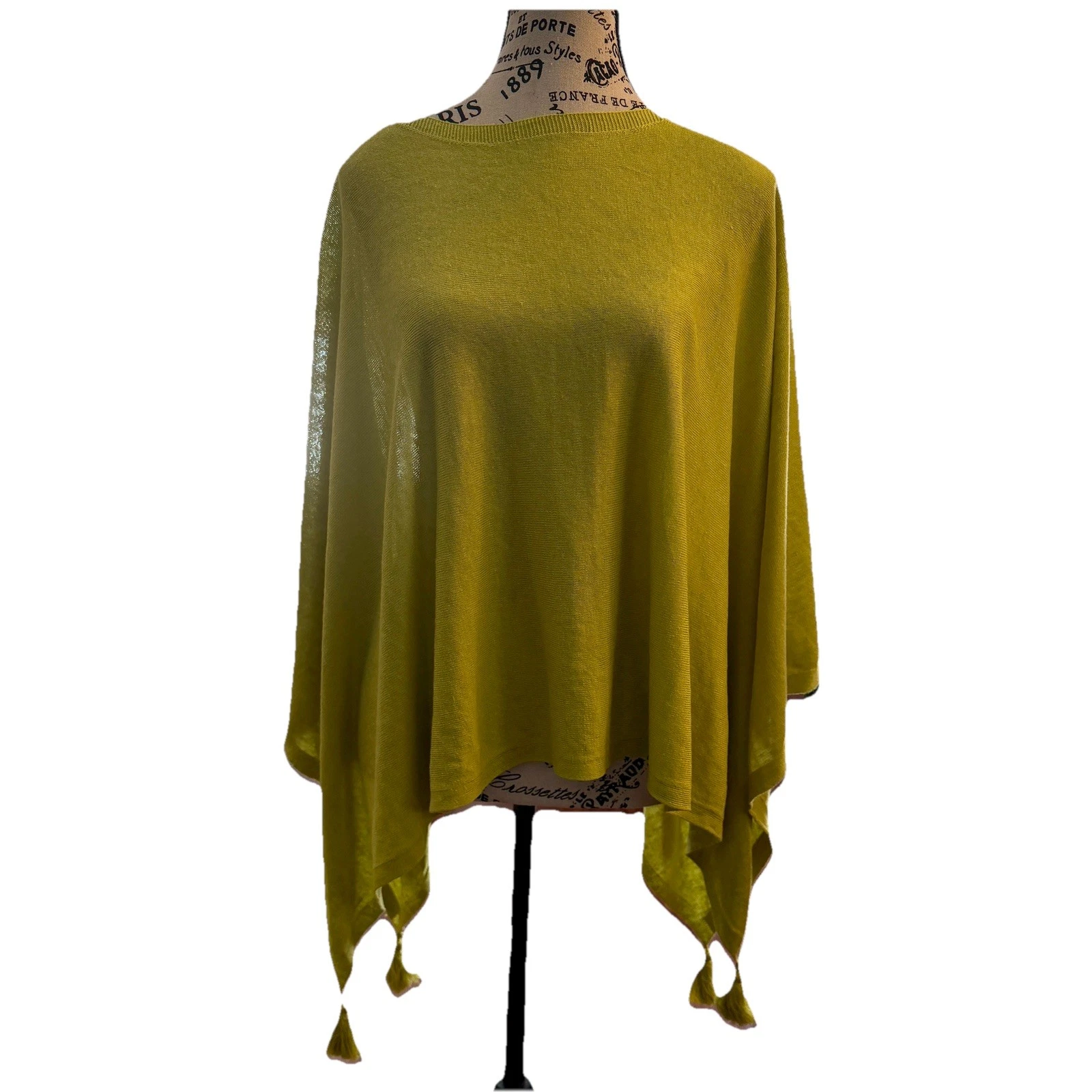 J. Jill Poncho Sweater Boho Top Womens S-L Lime Green Linen Cotton Blend Tassels