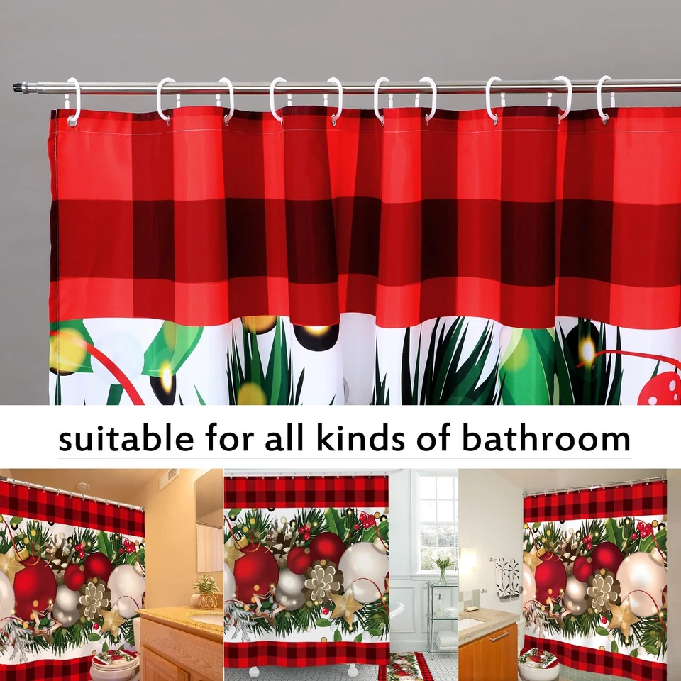 4 Pcs Christmas Shower Curtain Set with Non Slip Rugs Toilet Lid Cover Floor Mat - Изображение 3 из 4