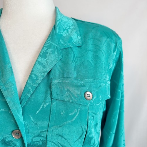Vintage 80s Leslie Fay Teal Floral Embossed Jacquard Satin Pleated Shirt Dress - Picture 2 of 18