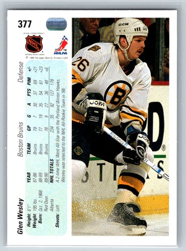 1990-91 Upper Deck #377 Glen Wesley Boston Bruins Hockey Card - Picture 2 of 2