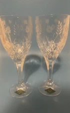 Shannon Crystal HandCut Etched Wheat Flower Stephanie Goblet Glass Lot SET of 2