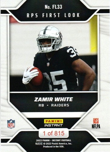 2022 PANINI NFL INSTANT RPS FIRST LOOK ZAMIR WHITE #FL33 RC RAIDERS 1/815 - Foto 2 di 2
