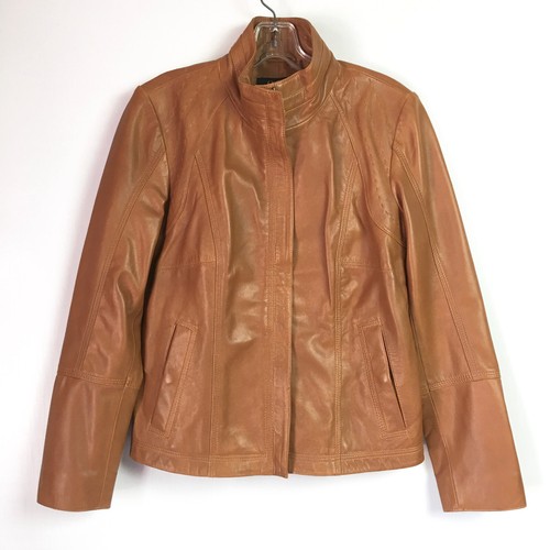 Quince Womens Small 100% Leather Stand Collar Jacket Cognac Full Zip NEW $225 - Picture 10 of 11