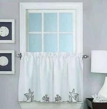 Biscayne Window curtains 24" Tier Pair White / Navy Embroidered Nautical