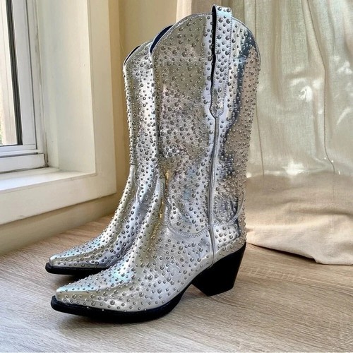 New Free People Jeffrey Campbell Dagget Studded Western Boots Silver Sz 6 - Picture 9 of 11