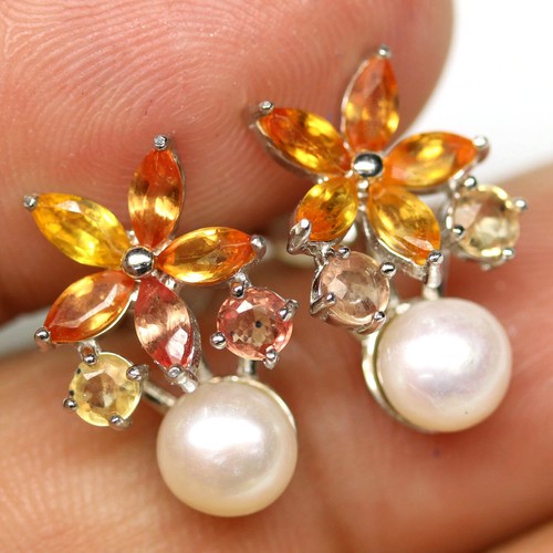 Piedra Preciosa Perla Blanca & Amarillo Zafiro Pendientes 925 Plata Oro Blanco - Imagen 2 de 4