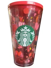 Starbucks Valentine's Day Tumbler Cup Pink Heart Confetti 16 Oz Cold No Straw