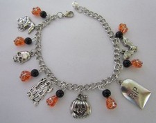 Halloween charm bracelet bat skull witch haunted house pumpkin RIP Day of dead
