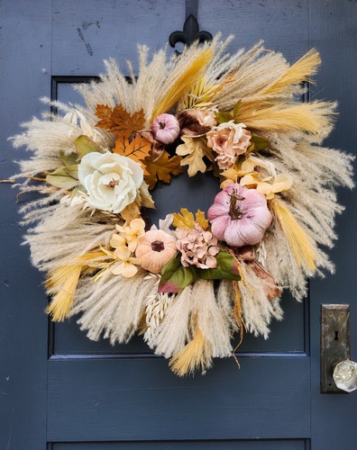 Boho Fall Natural Wreath Pampas Grass Pink Pumpkin Neutral Thanksgivin Free Ship - Picture 9 of 10