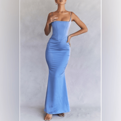 olivette periwinkle satin corset maxi dress NWT House Of Cb Olivette Periwinkle Satin Maxi Blue Dress Corset Size XS