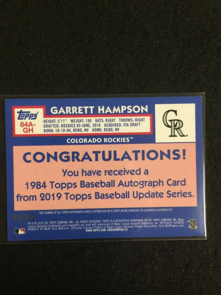 2019 Topps Baseball Update 35th Ann. Gold 39/50 RC Auto Garrett Hampson #84A-GH - Image 2 of 2