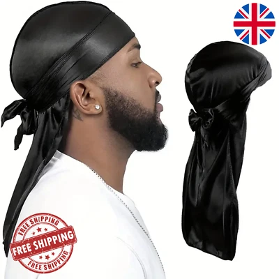 Men's Silky Durag Du Rag Waves Cap Long Tail Bandana Headwrap Shower Cap UK