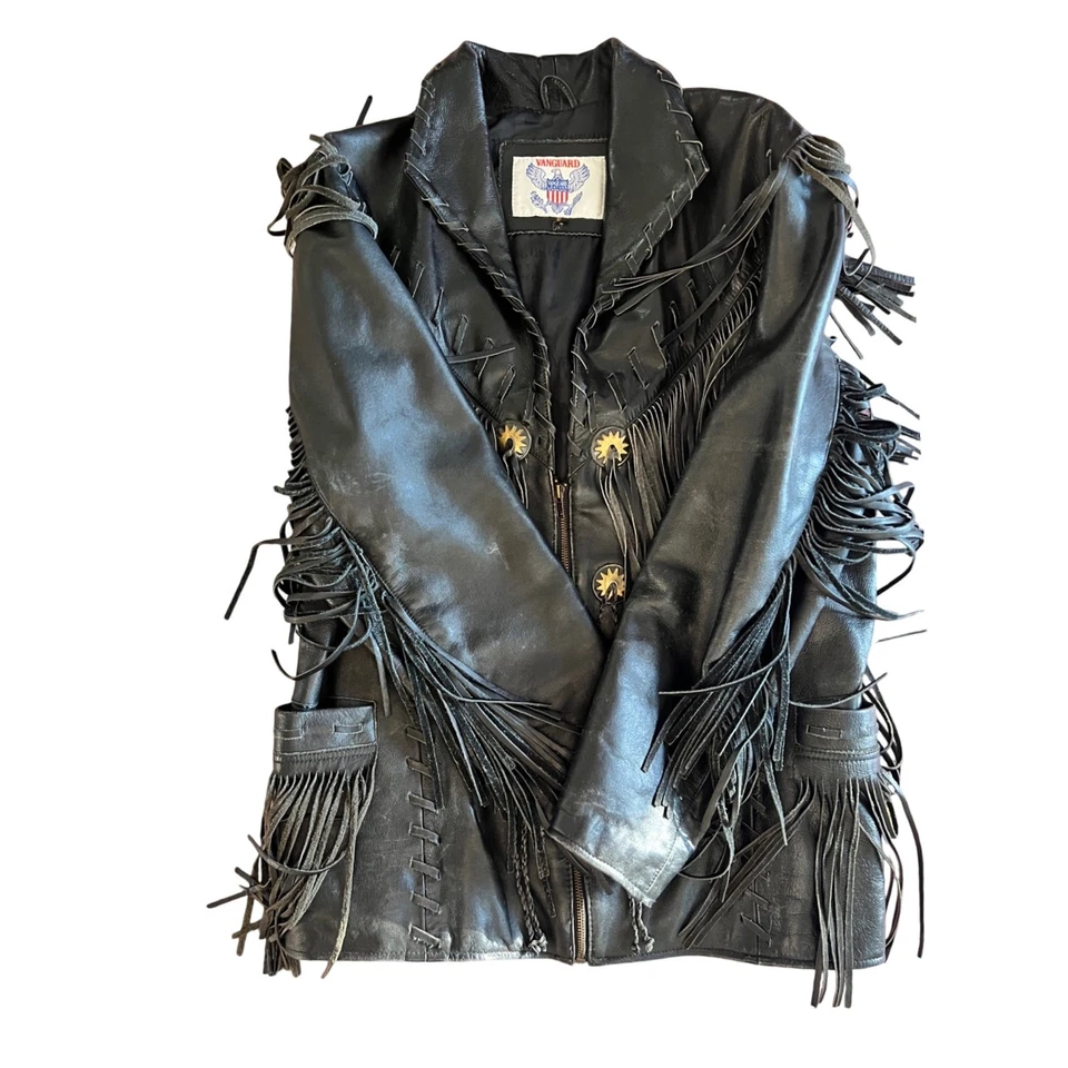Chaqueta Western Vintage Años 70 - 80 Vanguard Cuero Negro Flecos Motocicleta - S Foto 4 de 4