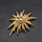 Crown Trifari Gold Tone Star Burst Brooch Faux Pearl Vintage Costume Jewelry