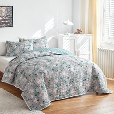3 Pieces Grey and Aqua Botanical Quilt Set Full Queen Floral Microfiber 92"X90"