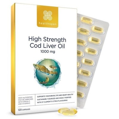 Healthspan hochfestes Lebertran 1000 mg 120 Kapseln für Omega 3 Ablaufdatum 01/27