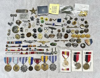 HUGE Lot US Military Medals Bars Pins Dog Tag Buttons WWII Vietnam War Army Navy