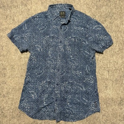 Armani Exchange Mens Linen Shirt Size S Blue Paisley Floral Short Sleeve