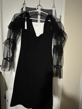 Haute Monde Black Mesh Ruffle Sleeve Ruched Mini Bodycon Dress Size M