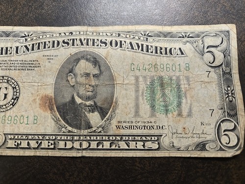 1934 A Chicago, IL $5 Federal Reserve Note Bill Ten Dollar CIRCULATED - Picture 4 of 10