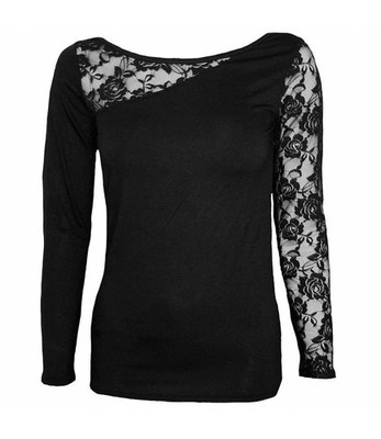 Top Asymmetrische Langärm Lang Mit Spitze Glatt Schwarz - Gothic Elegance -