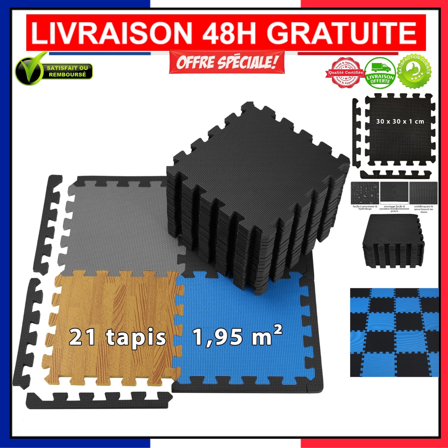 Tapis Puzzle ALPIDEX dalles en mousse de 30x30cm pour securiser la piscine et le sport a la maison