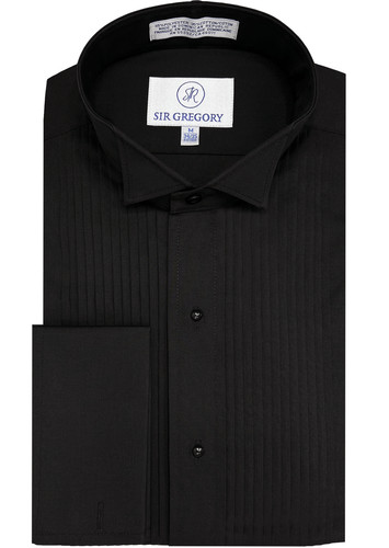 (Used) Sir Gregory Men's Fitted Black Tuxedo Shirt with Wing Collar French Cuffs