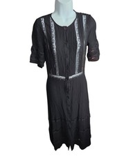 REFORMATION Black Sheer Lace Inset Pintuck SURREY Crepe Midi Shirt Dress Size 8