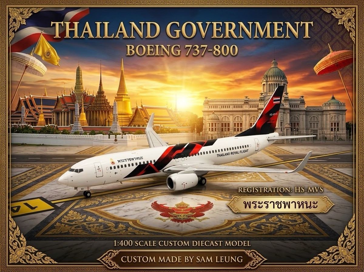 JC Wings 1:400 Thailand Government B737-800 HS-MVS Airlines Custom Diecast Model