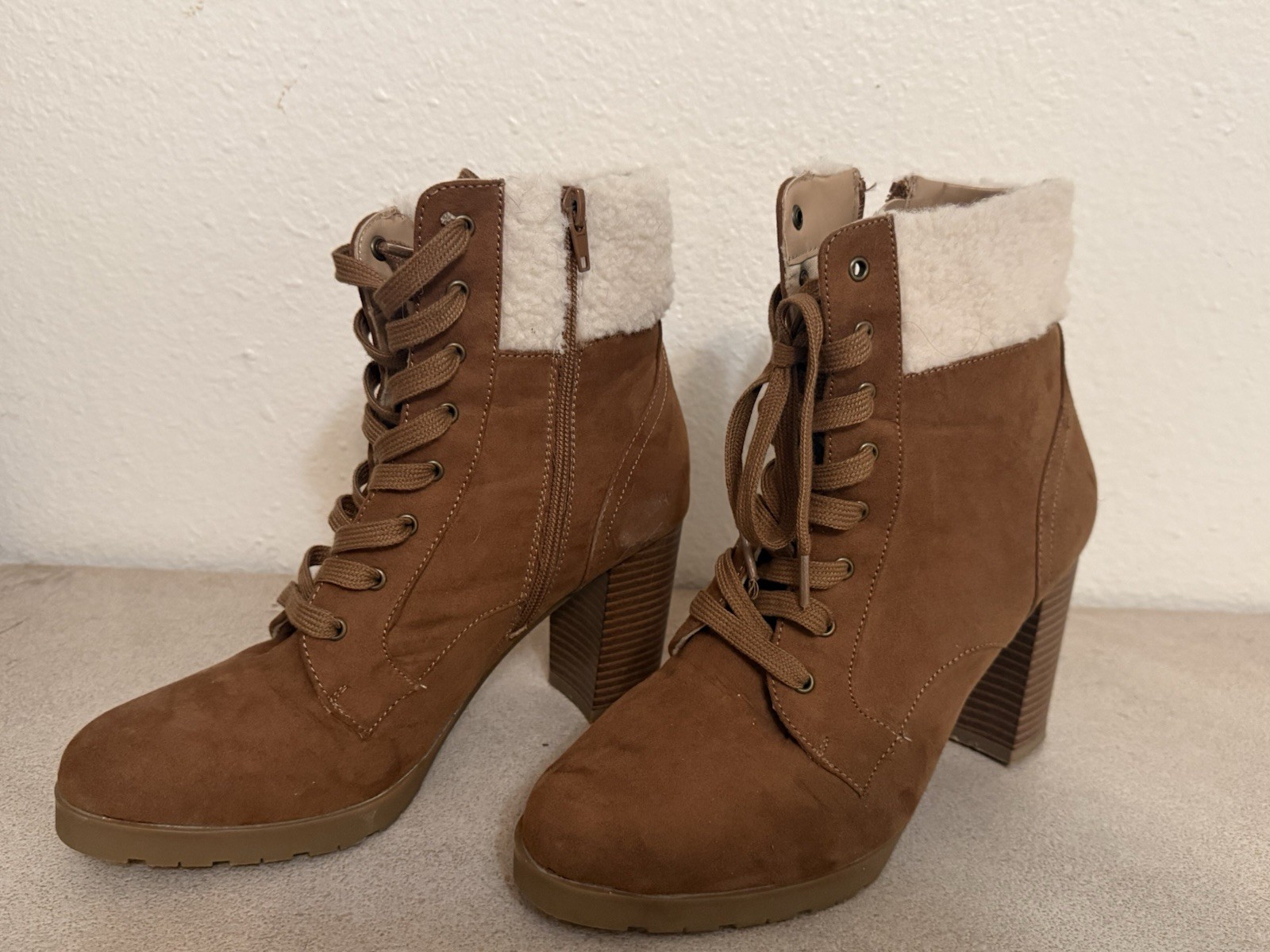 Women’s Brown Faux Suede Ankle Booties Lace-Up Zip Fur Trim Round Toe, 7