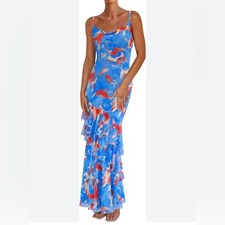 PrettyGarden Blue Floral Slip Maxi Dress – Tiered Ruffle Hem – Size M