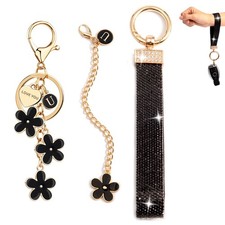 3- PCS Initial Letter Keychain Set   Cute Flower, Bling Wristlet and Purse Charm